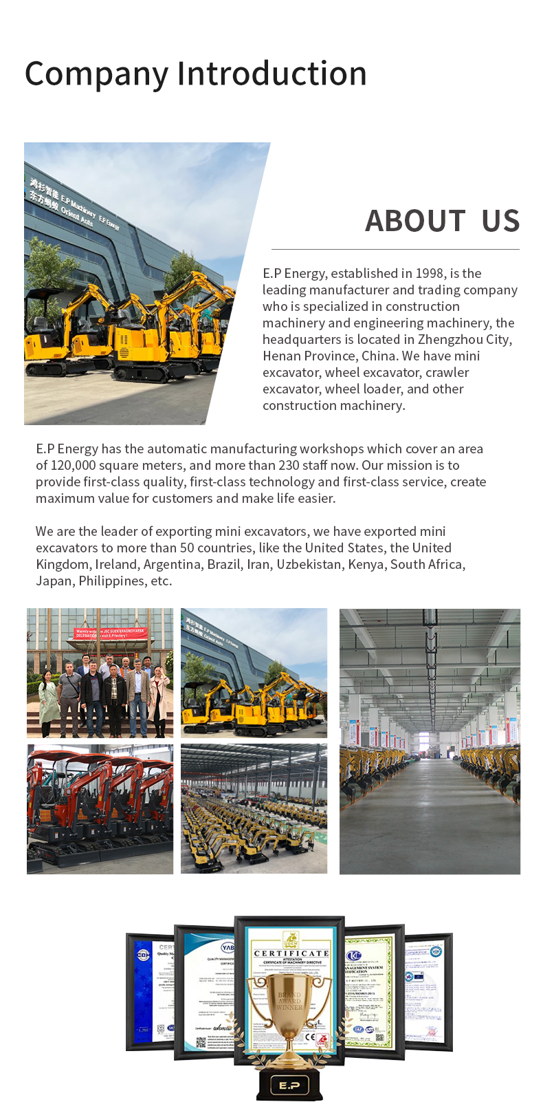 Company profile of E.P Machinery Manufacturing Company, the Chinese manufacturer of E.P1ton mini excavators